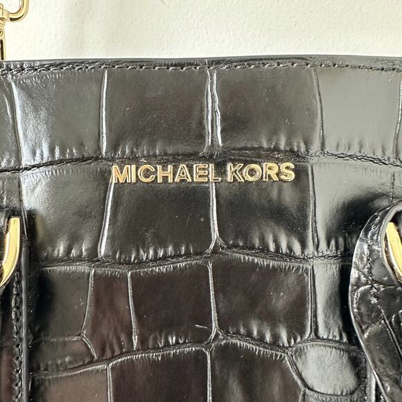 Michael Kors Black Croc Embossed Leather Dillon Tote Crossbody Shoulder Bag - Picture 7 of 15
